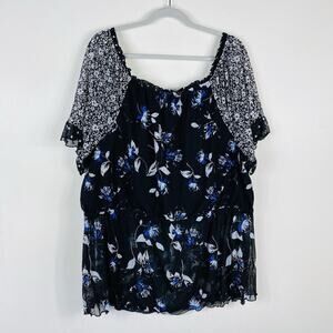 Cato Plus Size 26 28 Floral Print Mesh Short Sleeve Stretch Blouse Top Black